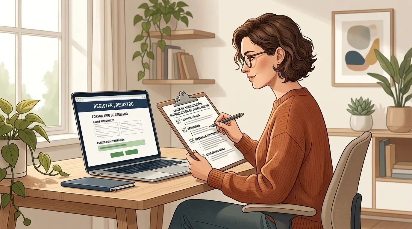 Persona revisando una lista de comprobación oficial antes de usar una web de juego online